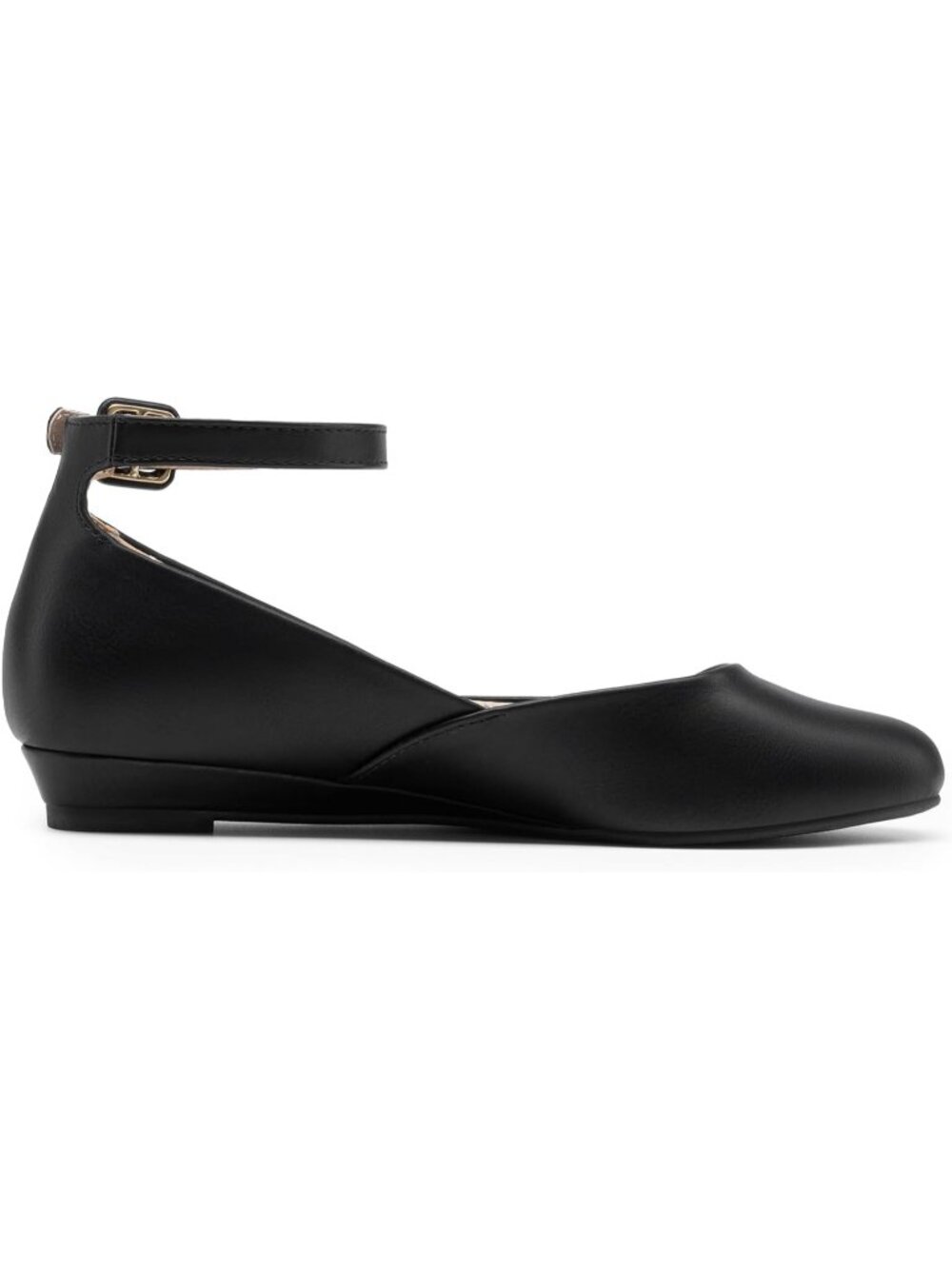 Women's Black Leather Comfortable Ballet Low Wedge Round Toe Ankle Strap Flats - Picture 3 of 6